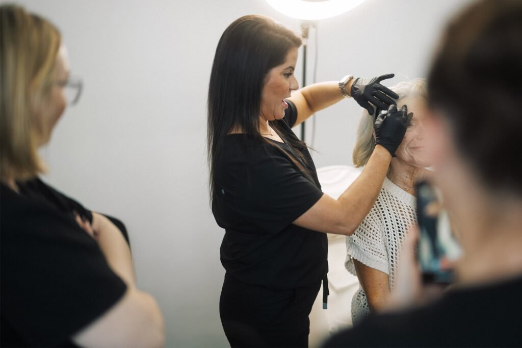 Dr Lauren teaching her students at the ATA proper Botox injection techniques, demonstrating where and how to inject safely in a patient’s face.